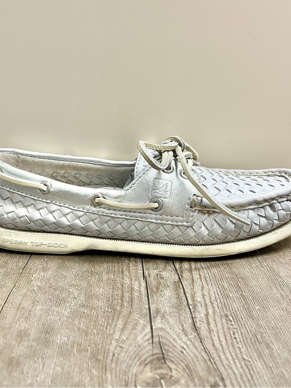 Sperry Silver & Grey Woven Leather Boat Shoes - Picture 3 of 8